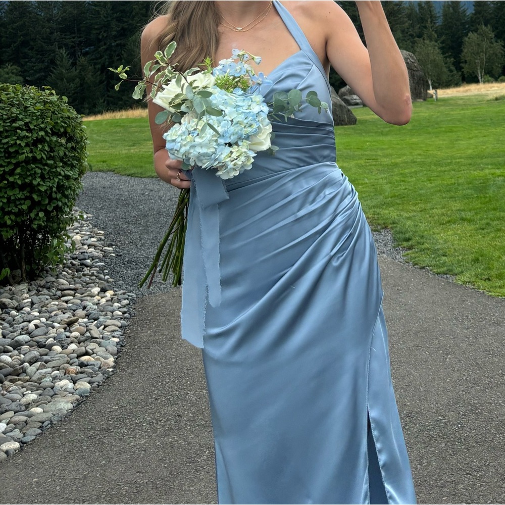 Azazie Kendall&Kylie Sheath Pleated Stretch Satin Floor-Length Dress Dusty Blue